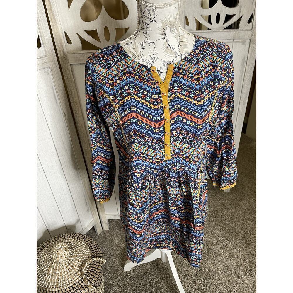 Artsy Beaded Embellished Flowy Tunic Shirt Boho Colorful Floral Size Small